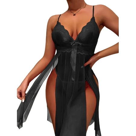 

DYMADE Women Honeymoon Mesh Sexy Sheer Sleeveless V-Neck Adjustable Strap Babydoll Lingerie Chemise Nightdress