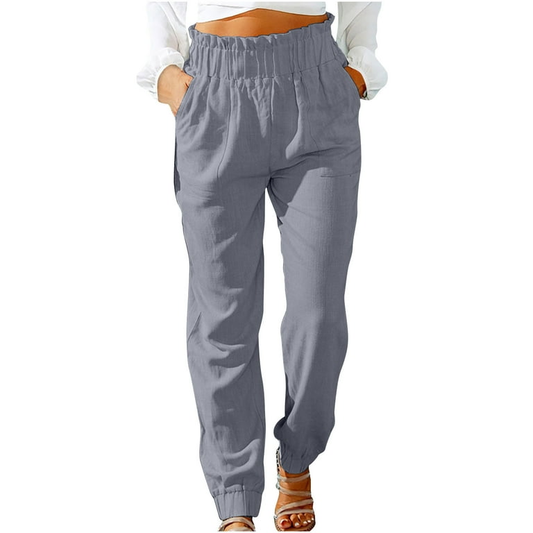 Women's Plus Size Pants Fashion Women Summer Casual Loose Cotton and Linen  Pocket Solid Trousers Pants Reduced Price Gray 8(L) 