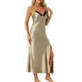 thumbnail image 4 of INSPIRE CHIC Women's Satin Long Sleep Dress Sleeveless Lace Night Shirt V Neck Nightgown S Camel, 4 of 6