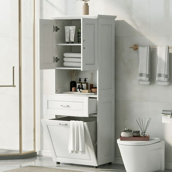 AENKYO Bathroom Cabinet with Laundry Basket, Stylish Storage Cabinet with Adjustable Shelf and Drawer, White