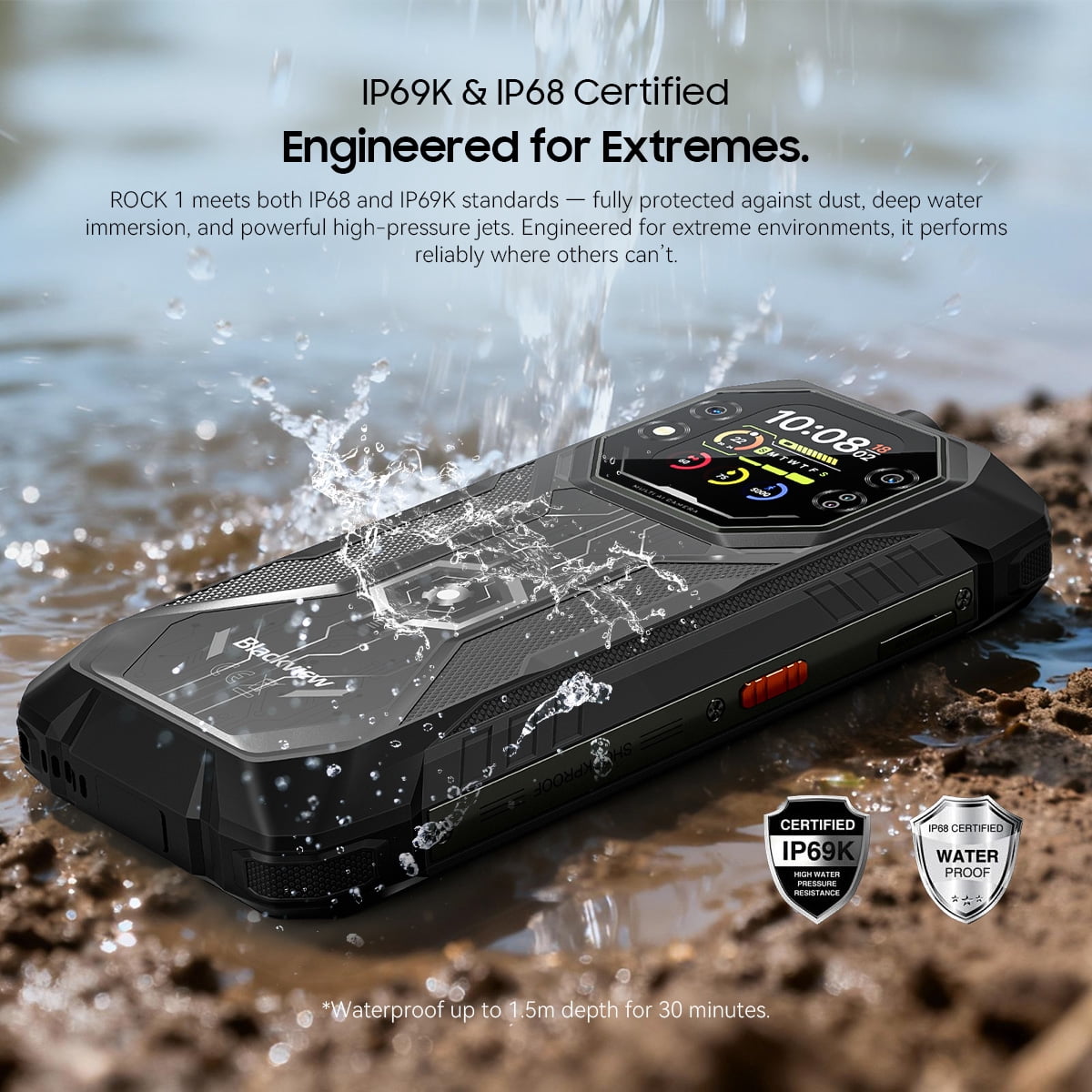 Blackview Rock 1 Android 16 Outdoor Mobile Phone without Contract 4G, 24GB + 256GB, 15000mAh Outdoor Smartphone, 6.56 Inch HD+ Dual Pantalla, 20MP + 16MP, IP68 Waterproof Construction Site Mobile