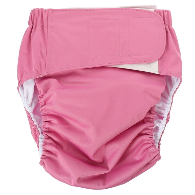 FESTFENDS washable adult diapers in rosy color, made of durable polyester material. Features elasticated legs for leak-proof comfort, adjustable waist with snap buttons for a secure fit, and a soft fleece inner layer for breathability. Reusable adult diapers designed for elderly incontinence support and hospital use. Dimensions: 80.00X60.00X2.00cm.