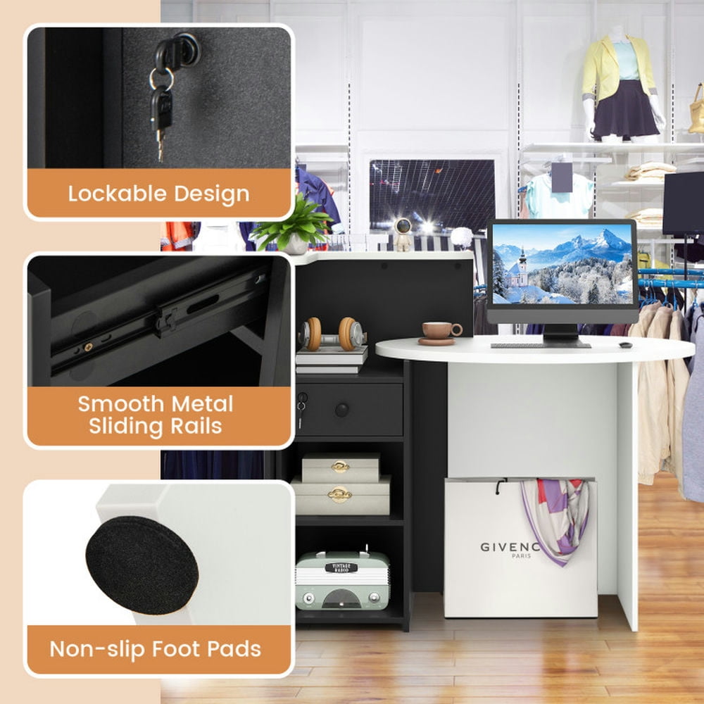 Demi Bonn Front Reception Office Desk with Open Shelf and Lockable Drawer, Small Home Computer Desk Study Writing Table, White + Black