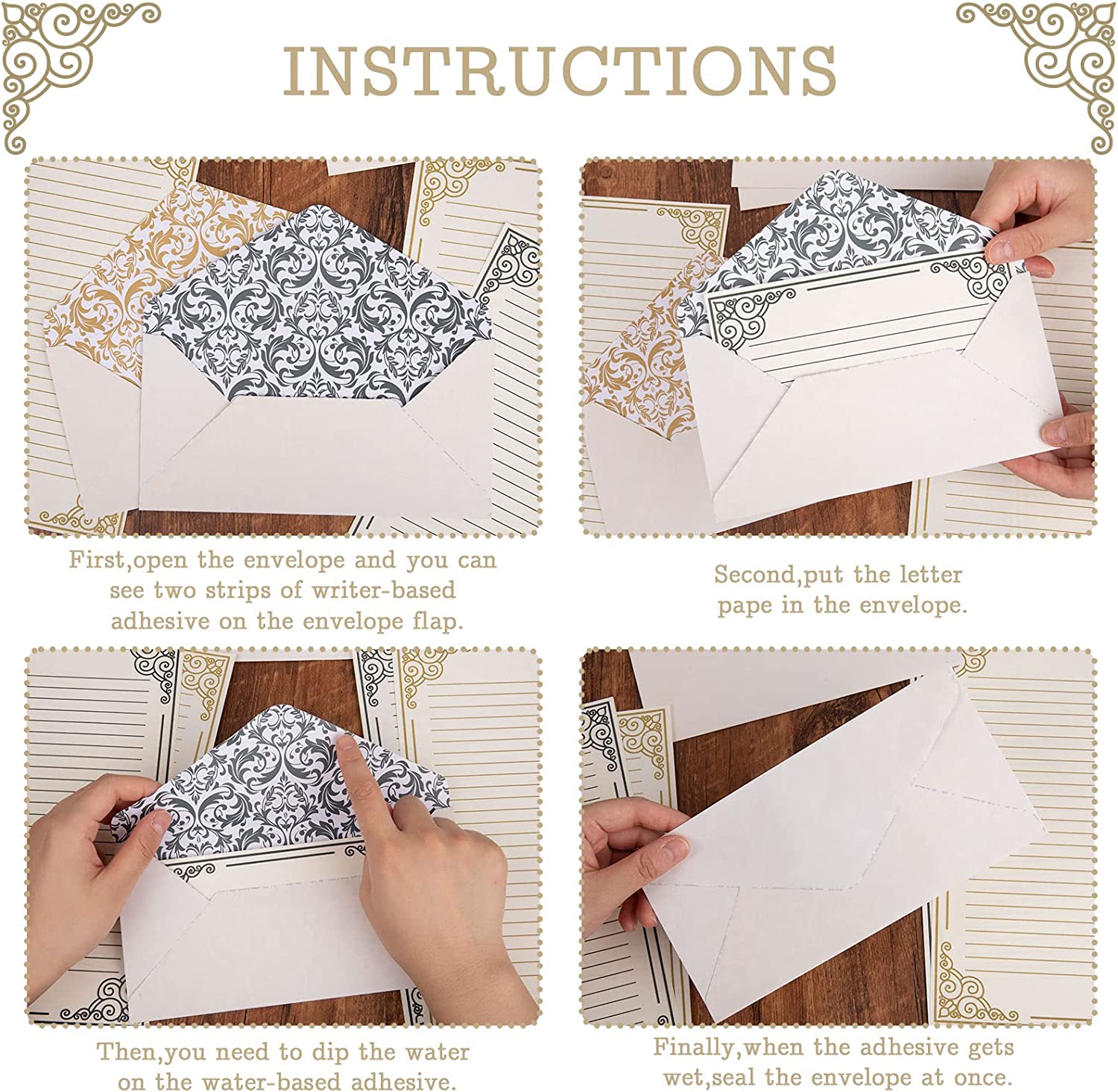 60 Sheets Vintage Stationery Paper with 30Pcs Self-Adhesive Envelopes Gold Black Border Letter Liner Double-Sided Writing Papers for Birthday Wedding Invitation Greeting Cards