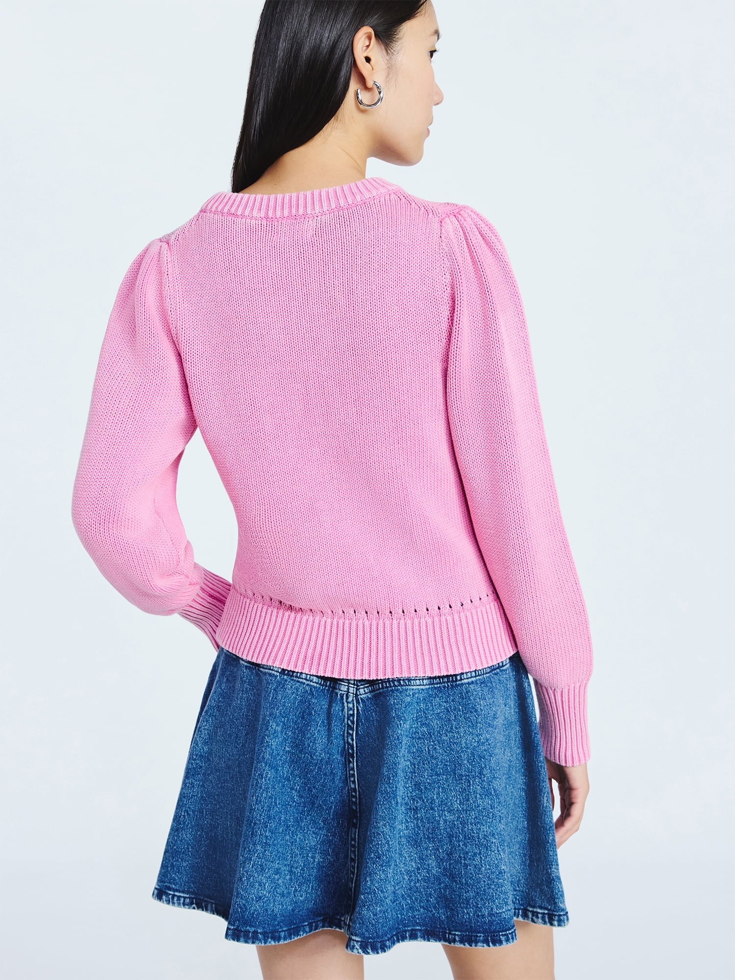 Scoop Women’s Acid Wash Cotton Sweater with Long Puff Sleeves, Midweight, Sizes XS-XXL