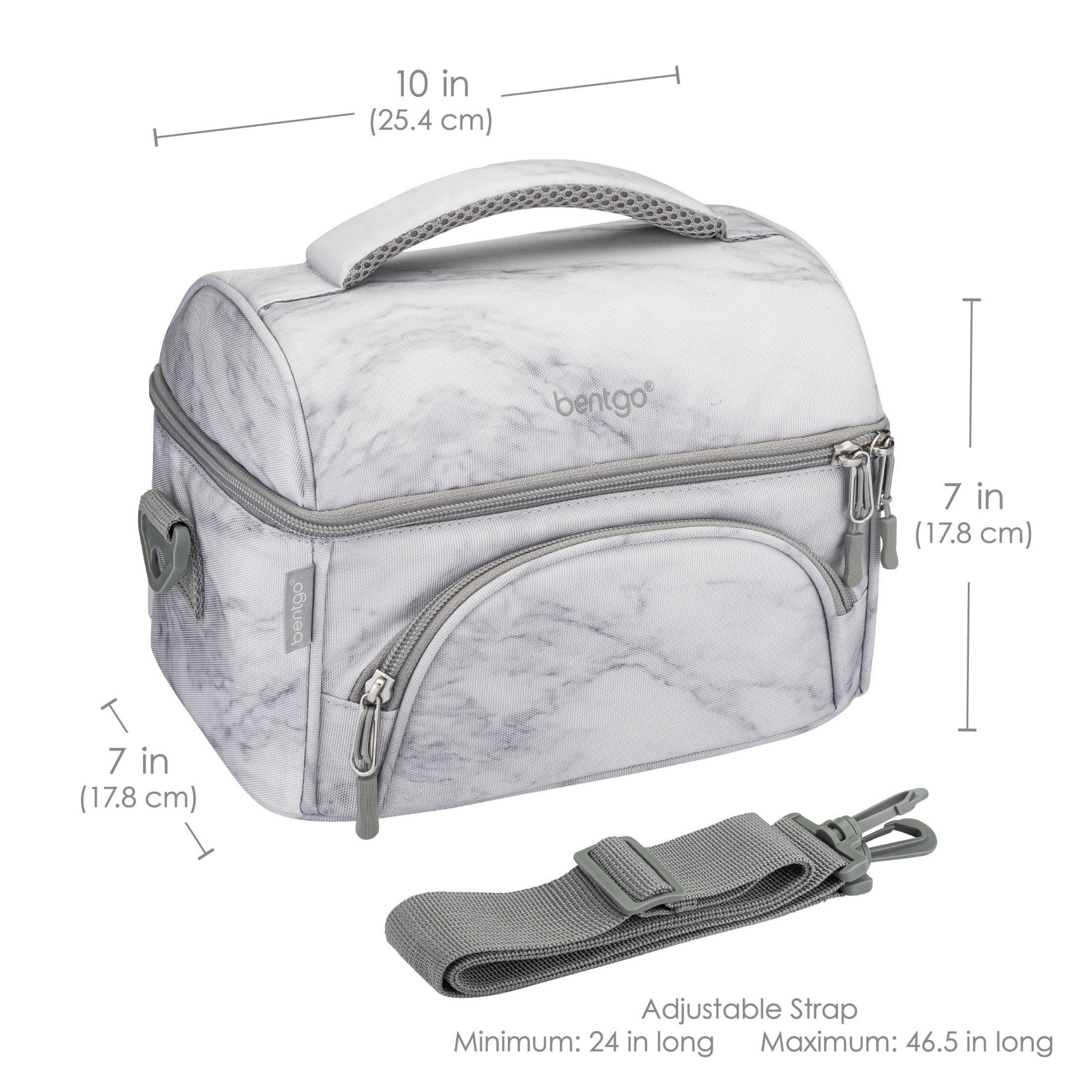 Bentgo Deluxe Lunch Bag - Durable and Insulated Lunch Tote with Zippered Outer Pocket, Internal Mesh Pocket, Padded & Adjustable Straps, & 2-Way Zippers - Fits Most Bentgo Lunch Boxes (White Marble)