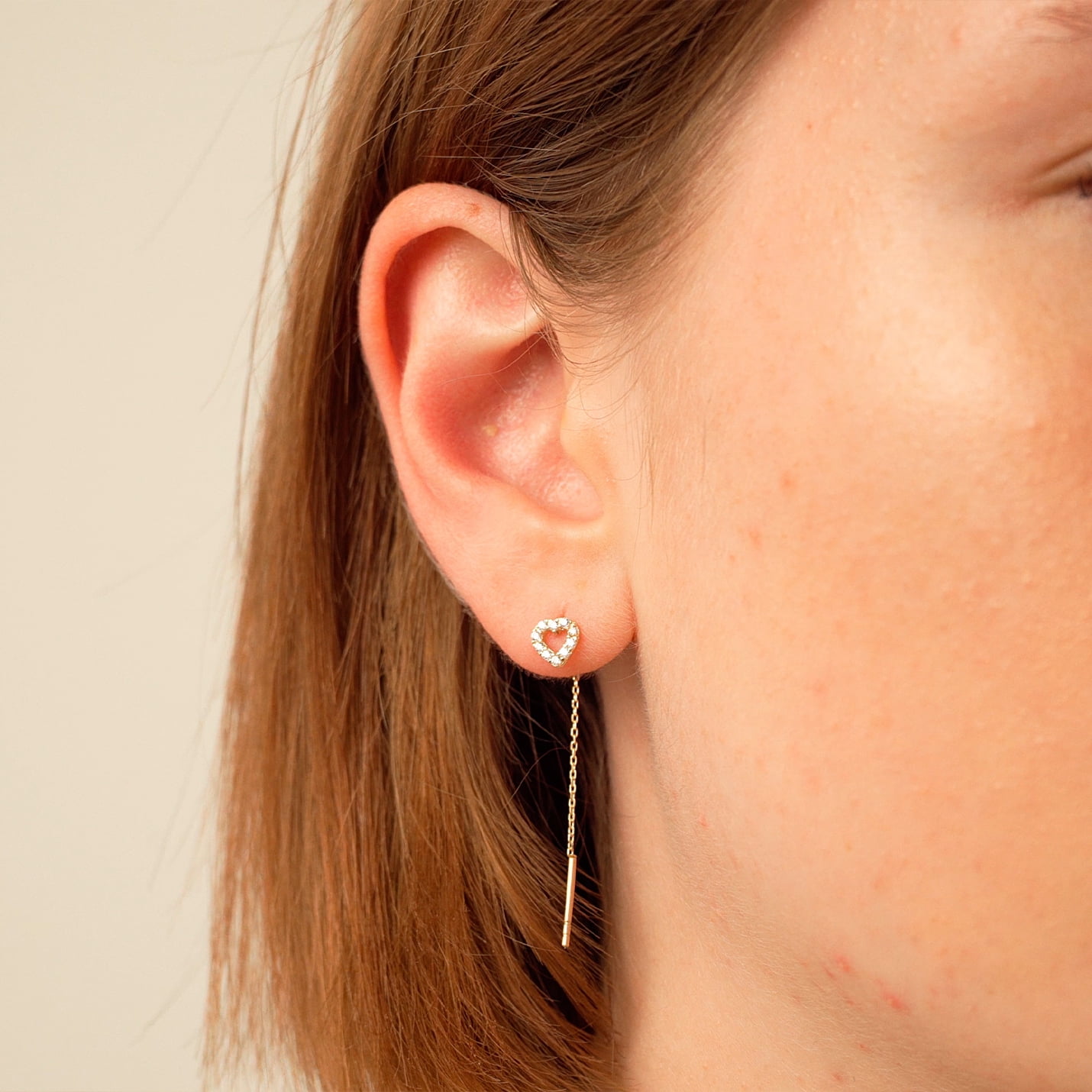 Gelin CZ Heart Threader Earrings in 14K Solid Gold for Women