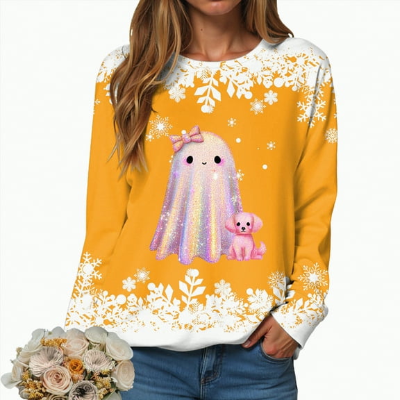 Towmus Halloween Sweaters for Women Novelty Xmas Roundneck Snowflake Sweatshirts Sequin Ghost Print Long Sleeve Pullover Tops