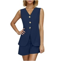 Women's Summer Vests Outfits, Sleeveless Blazer Button Vests with Shorts Business Set 2 Piece Casual Vacation Outfits 2025 Lady Two Piece Outfits Sets Navy XXL