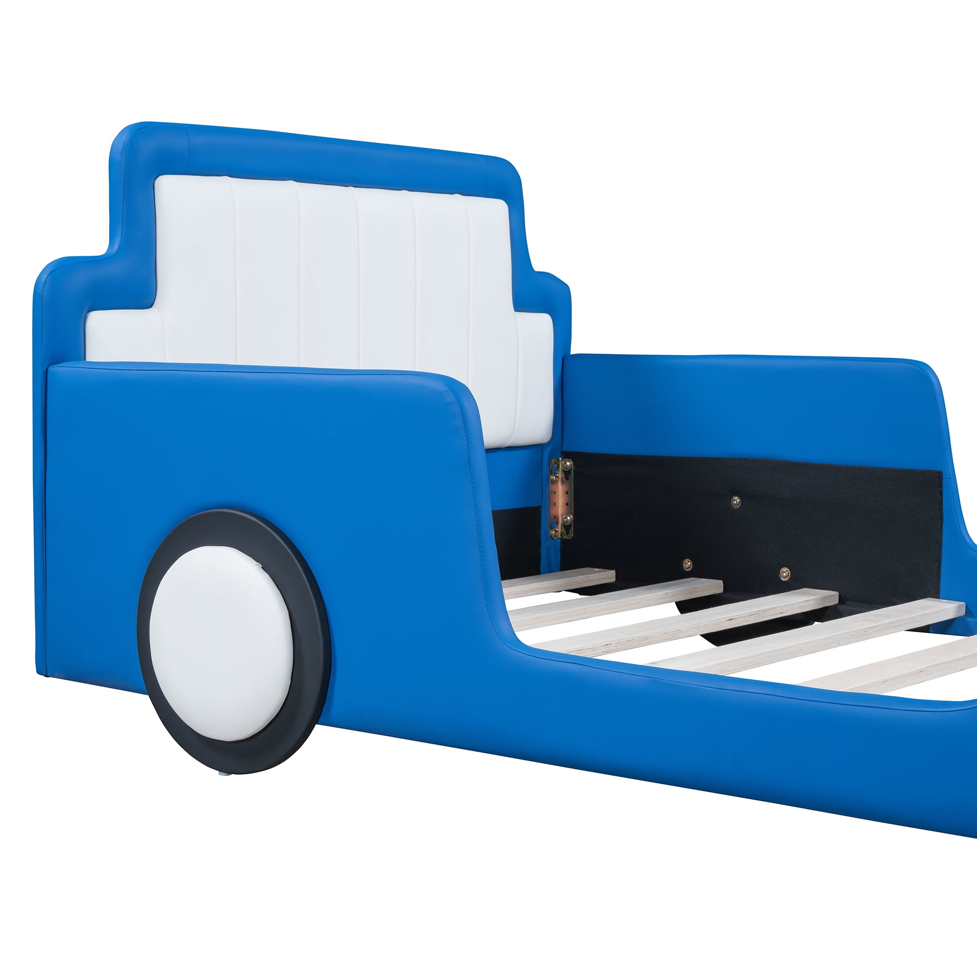 Twin Bed Frames for Boys,Race Car Platform Bed with Wheels,Soft PU Leather Headboard and Footboard,Car Twin Bed Frames,80"x41"x27",Blue