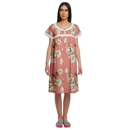 

Moomaya Cotton Lace Neckline Sleepwear For Ladies Round Neck Womens Nightdress