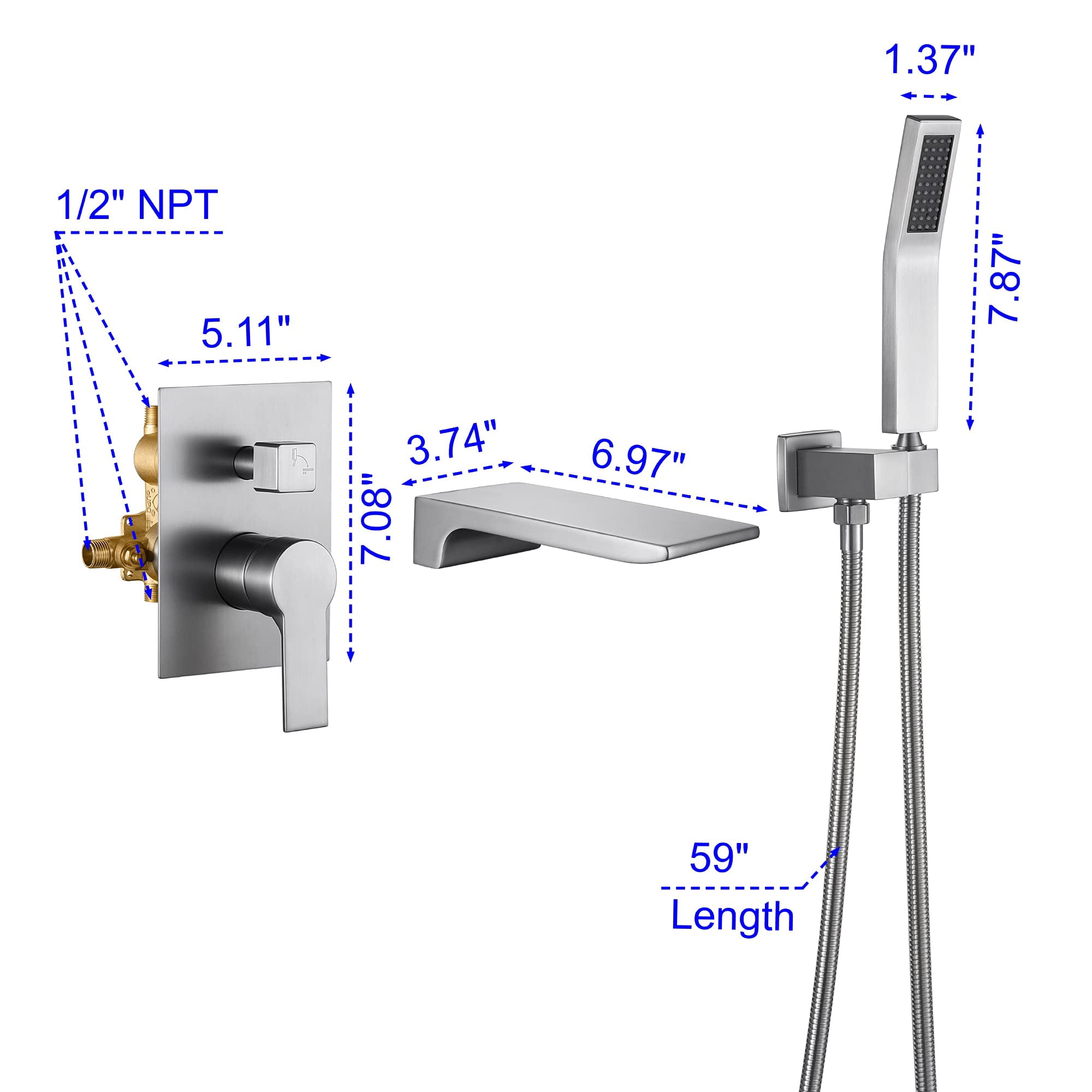 Waterfall Wall Mounted Bathtub Faucet With Hand Shower Brushed Nickel
