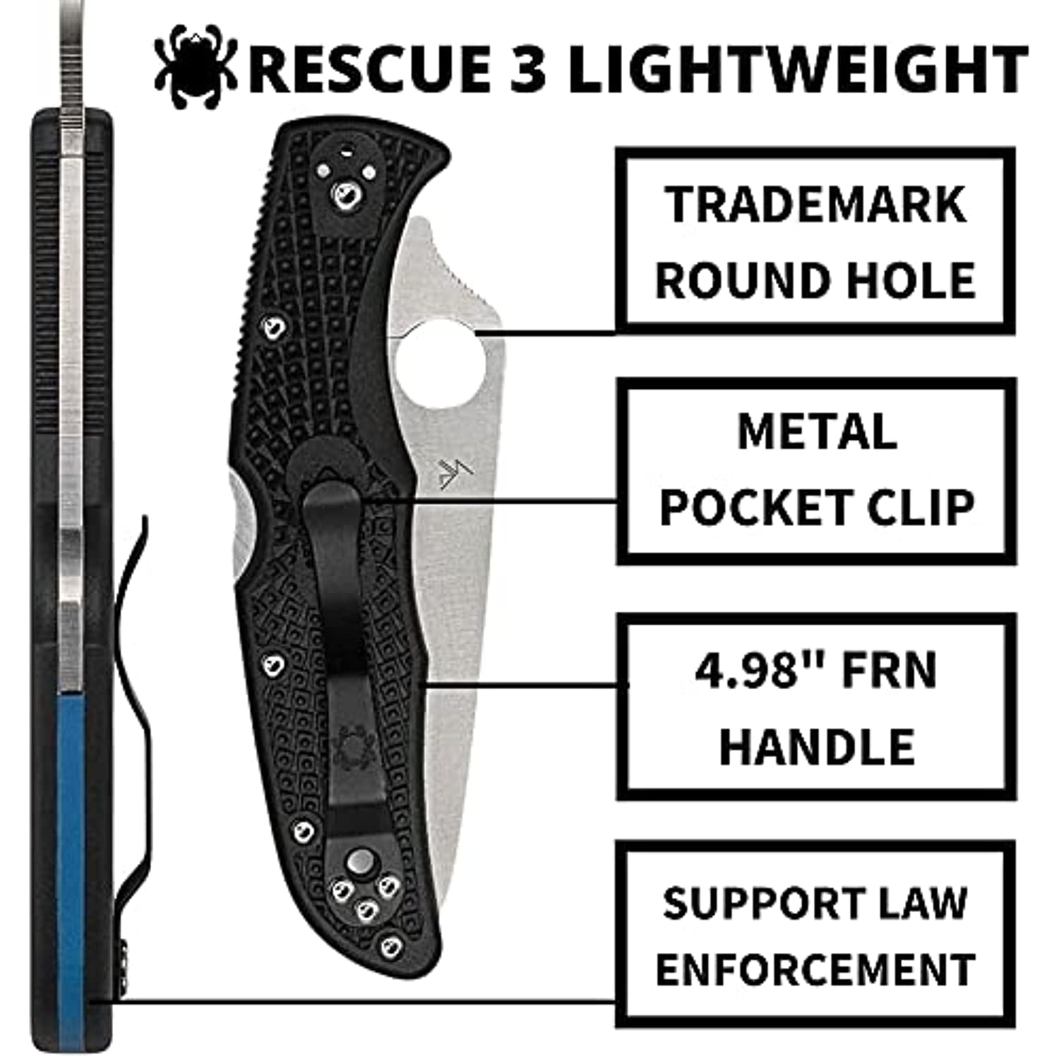 Spyderco Knives Spyderco Rescue 3 Lightweight Folding Knife Thin Blue Line SPC14FSBKBL3