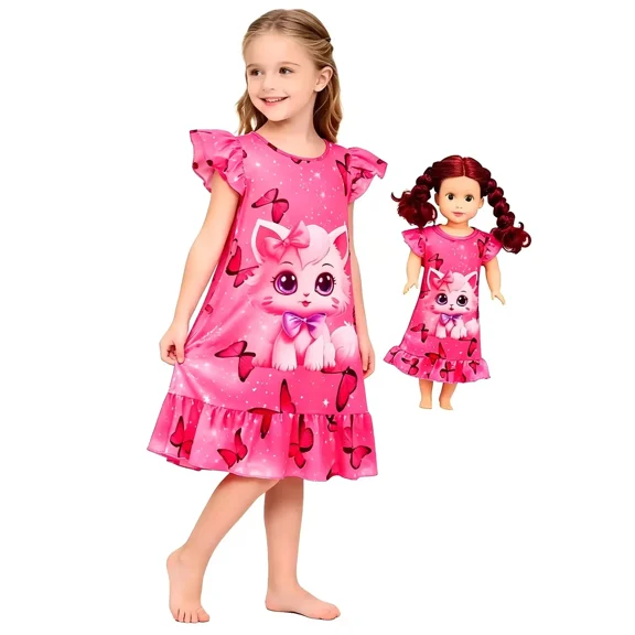 GENTABY Doll and Girl Matching Nightgown, Outfit Pajamas Night Dress for Girls and 18" Dolls Clothes
