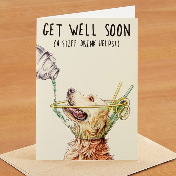 Get Well Soon Card for Dog Lovers – Humorous “A Stiff Drink Helps!” Design – Blank Inside, Envelope Included – Perfect Gift for Friends and Family Recovery