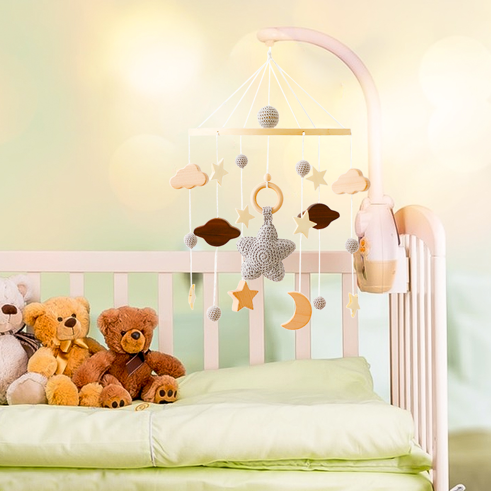 Full Sky Star Crib Bell with Felt Balls – Handmade Wooden Bed Bell for Infant Sleep, Motor Skill Development, and Nursery Decor
