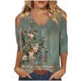 thumbnail image 2 of BiZtdJrK Ladies V Neck Floral Top Women 2024 Trendy 3/4 Sleeve Cold Shoulder Tops Comfy Summer Blouse Back To College Sale Army Green XL, 2 of 5