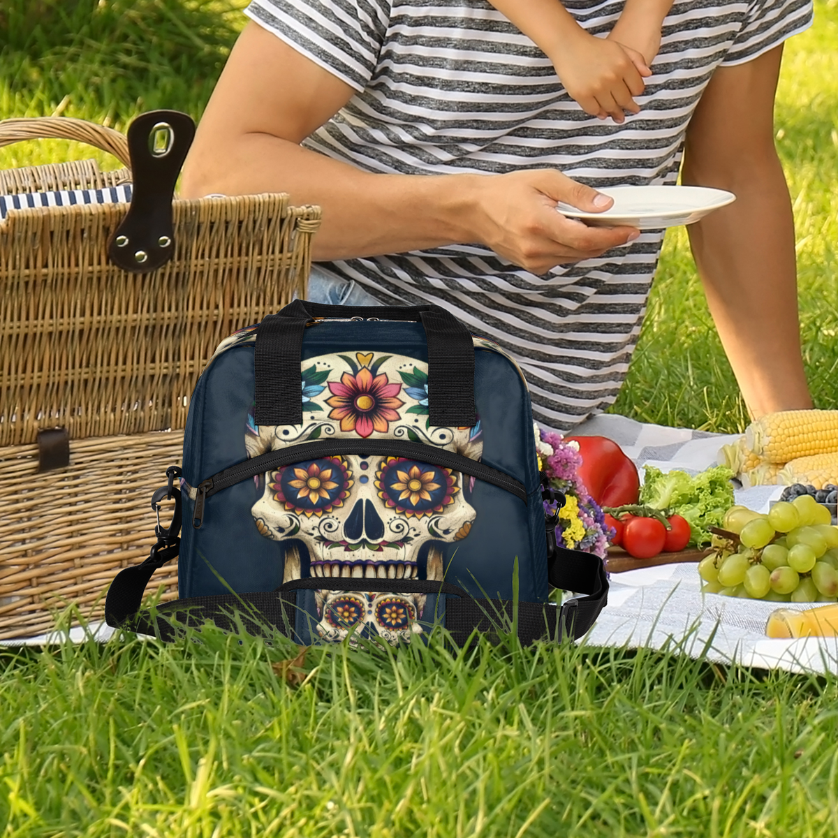 Herdesigns Day Of The Dead Skull With Floral Insulated Lunch Bag for Women Men Adults Large Reusable Lunch Box Leakproof Portable Cooler Tote Bags with Adjustable Shoulder Strap