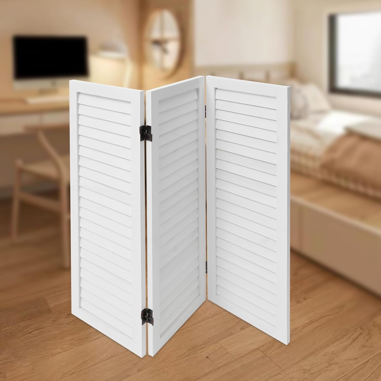 3 Panel Room Divider Screen, Freestanding Folding Wood Room Partition, 2.6ft Tall Shutters Privacy Partition, Foldable Divider for Room Separation for Home, Bedroom, Office, Living Room (White)