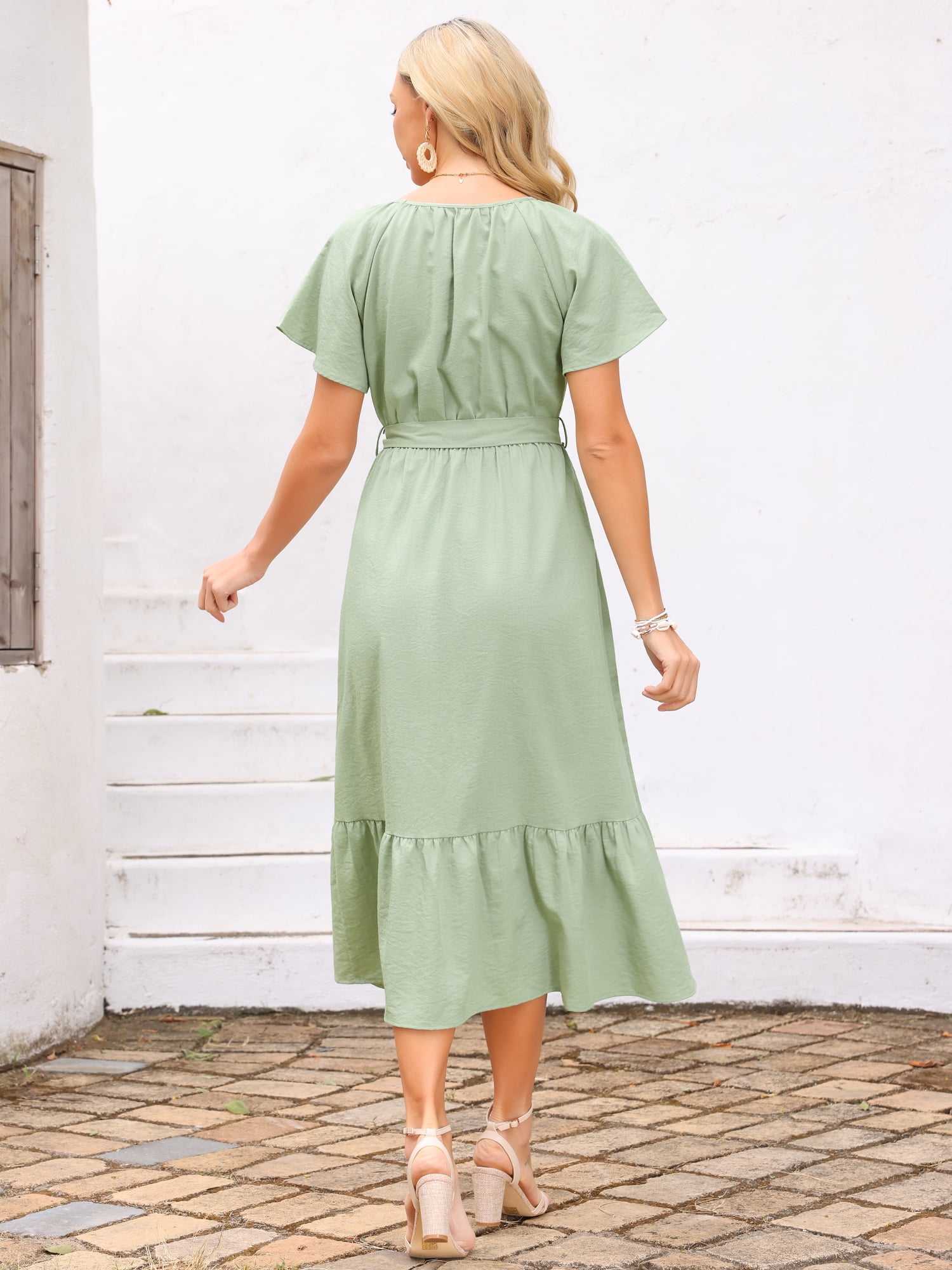 DARING DIVA Women's Flutter Short Sleeve Maxi Dress with Tie Waist XL Light Green