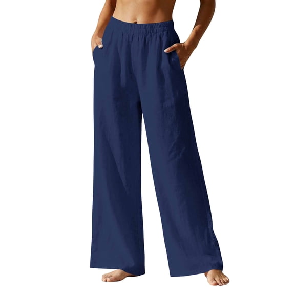 Dresfit Palazzo Pants Womens Wide Leg Linen Boho Slacks 2026 Summer Lounge Elastic High Waist Pant Loose Elastic Beach Trousers with Pockets Dark Blue XL