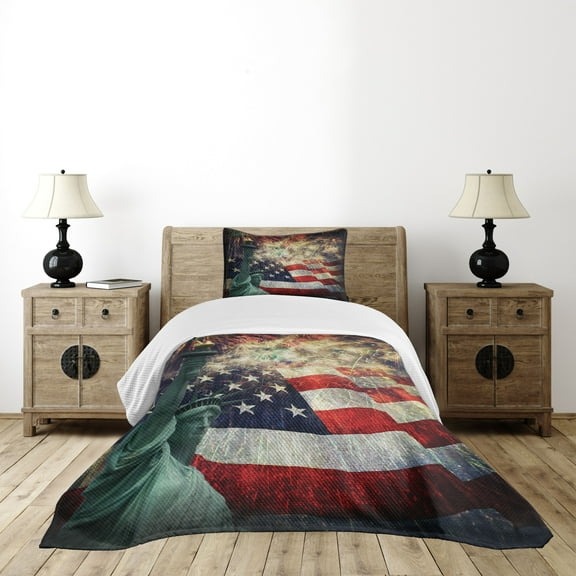 Ambesonne Colorful Quilted Bedspread Set 2 Pcs, Fireworks 4th of July, Twin Size, Multicolor