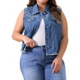 thumbnail image 1 of Chaleco de mezclilla sin mangas para mujer Agnes Orinda, talla grande, con bordados, botones de perlas, chaqueta casual de mezclilla con decoración de bolsillo 3X azul claro, 1 of 6