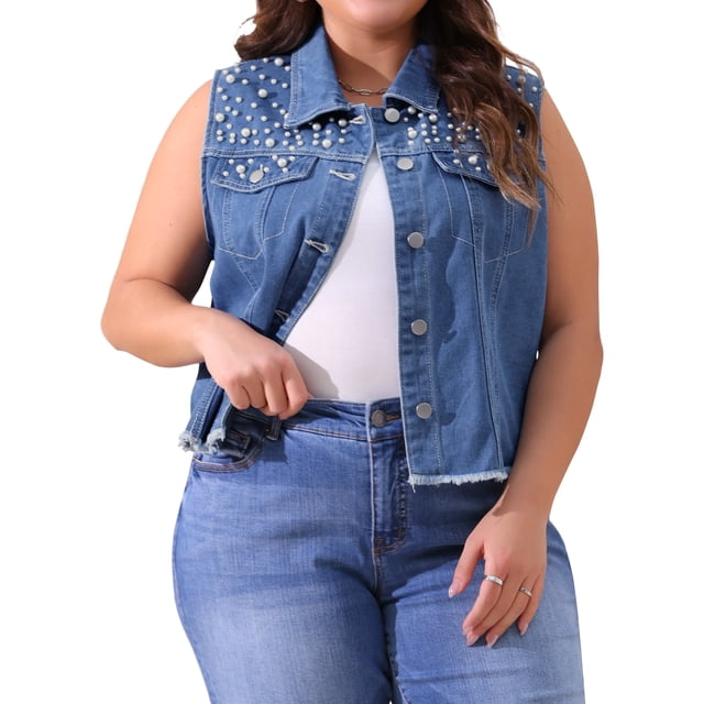 Chaleco de mezclilla sin mangas para mujer Agnes Orinda, talla grande, con bordados, botones de perlas, chaqueta casual de mezclilla con decoración de bolsillo 3X azul claro