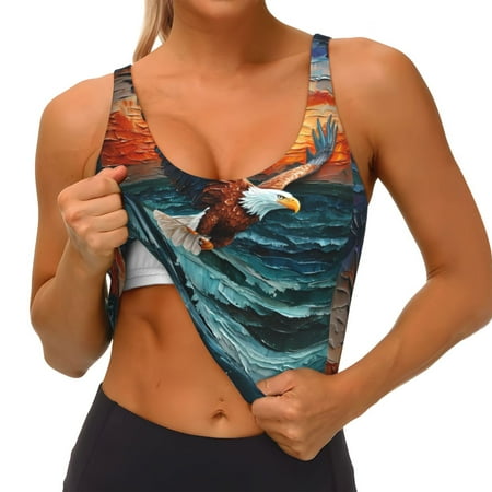 Qokaie Textured Bald Eagle Pattern Womens Scoop Neck Sports Bra Breathable Workout Vest Padded U Back Medium Impact Fitness Gym Yoga Bra Workout Crop Top