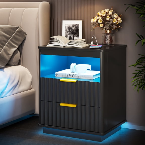 VKCC Nightstand with LED Light and Charging Station,Smart Bedside Table for Bedroom,Black