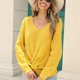 thumbnail image 3 of Suéter de mujer Jersey de punto de manga larga Jersey de punto con cuello en V Color puro para otoño invierno Amarillo M, 3 of 6