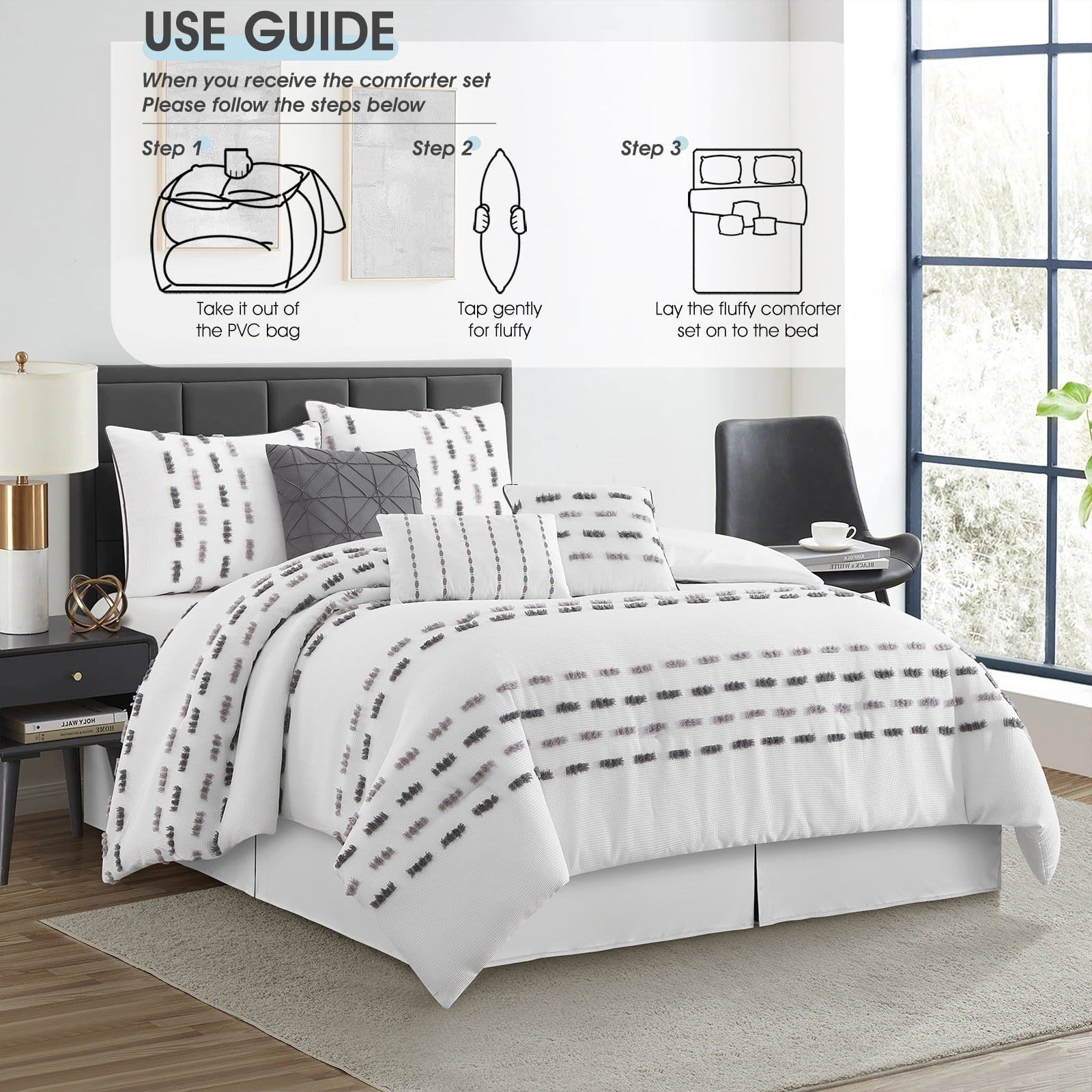 Lanco White Grey Comforter Set King Size , 7 Piece , Clip with Waffle Base Fabric Bedding Set , All Season