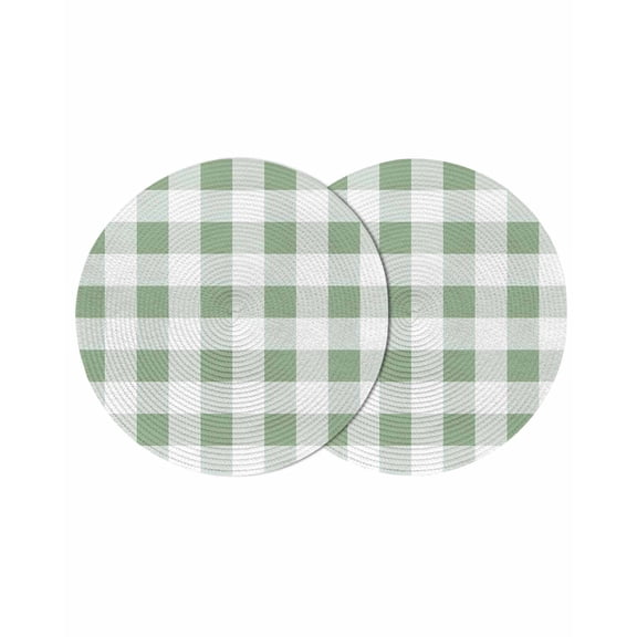 Sage Green Checkered Round Placemats Set of 2 for Dinning Tables,Heat-proof Braided Table Mats 15 Inch,Green White Buffalo Plaid Washable Place Mat for Kitchen Restaurant Party Decor Table Setting