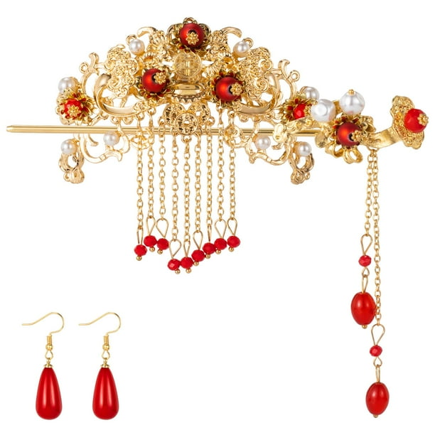 Accesorios Chinos Para El Cabello Para Boda Borla Roja Horquilla De Aleación Perla Conjunto De Joyas Para El Cabello Pendientes Colgantes Rojos Palillos Para El Cabello Vintage Horquillas Para Peinar
