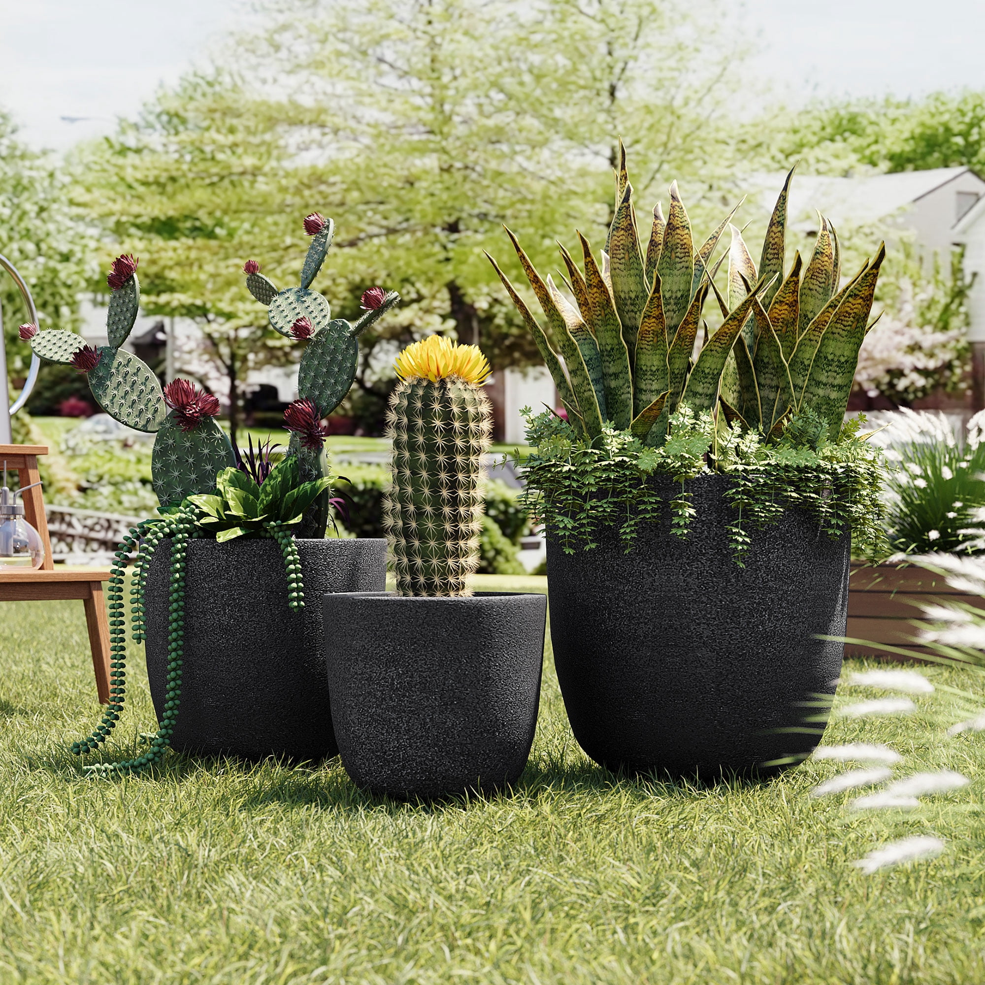 Harper & Bright Designs Outdoor Concrete Planter Set of 3, Patio Flower Pots Stone-Look Textured with Drainage Holes and Rubber Plug for Garden Poolside, Black