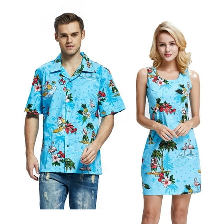 Couple Matching Hawaiian Luau Cruise Christmas Outfit Shirt Dress Santa Turquoise Men 3XL Women 2XL