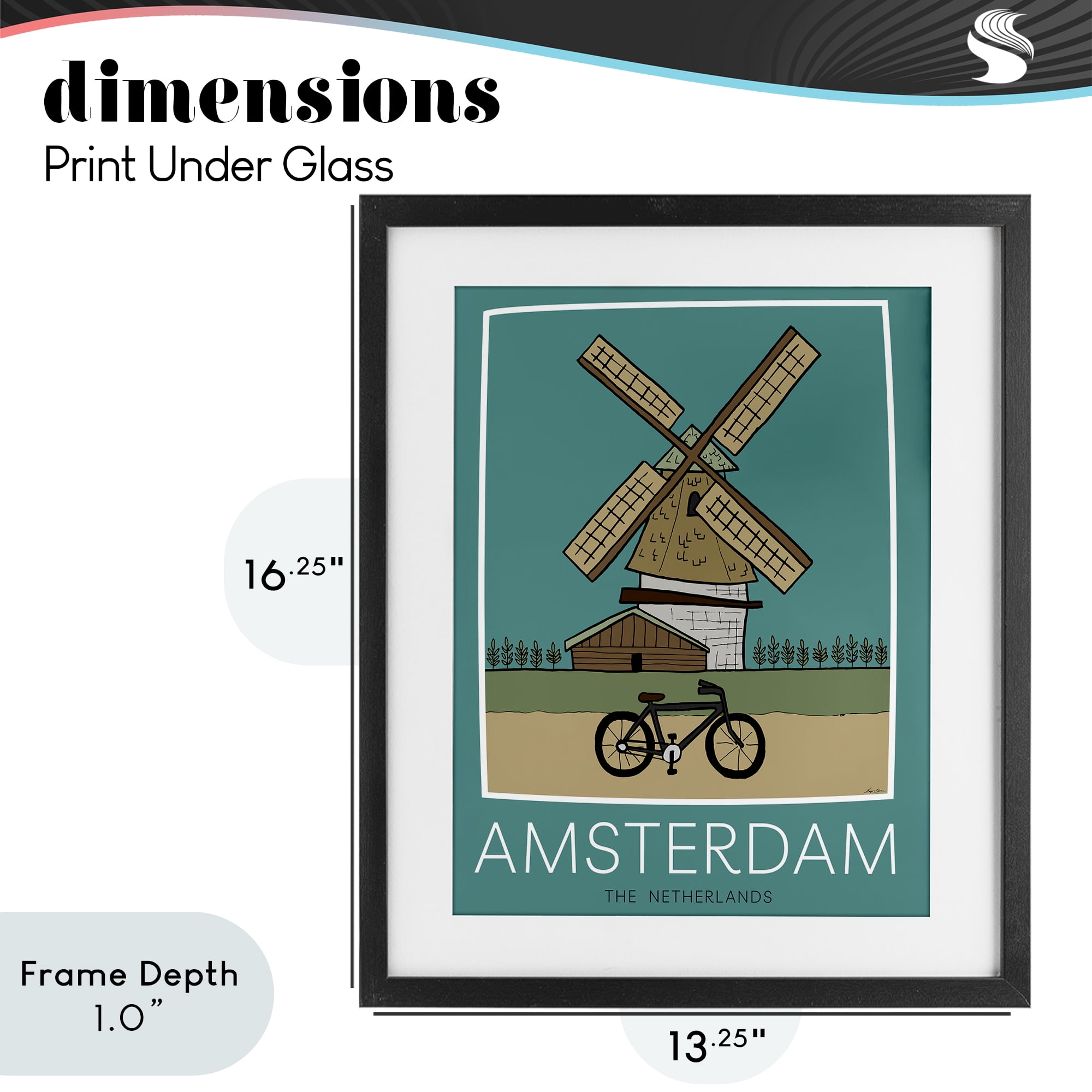 Stupell Industries Amsterdam Windmill Poster Black Framed Print Under Glass, design by Hugo Edwins