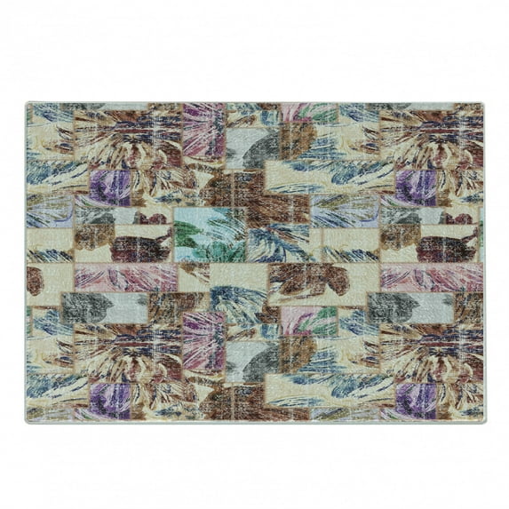 Vintage Cutting Board, Grunge Style Pattern with Artful Flowers in Squares, Decorative Tempered Glass Cutting and Serving Board, in 3 Sizes, by Ambesonne