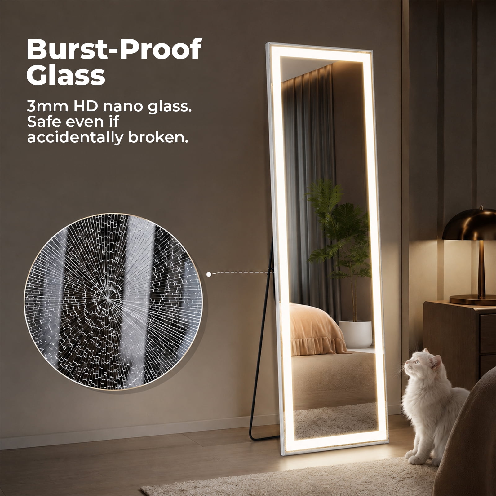 Alvantor Full Length Mirror with LED Lights,Lighted Full Body Floor Mirror with Dimming & 3 Color Lighting, Stand for Bedroom, Dressing Room, Rect/Arched