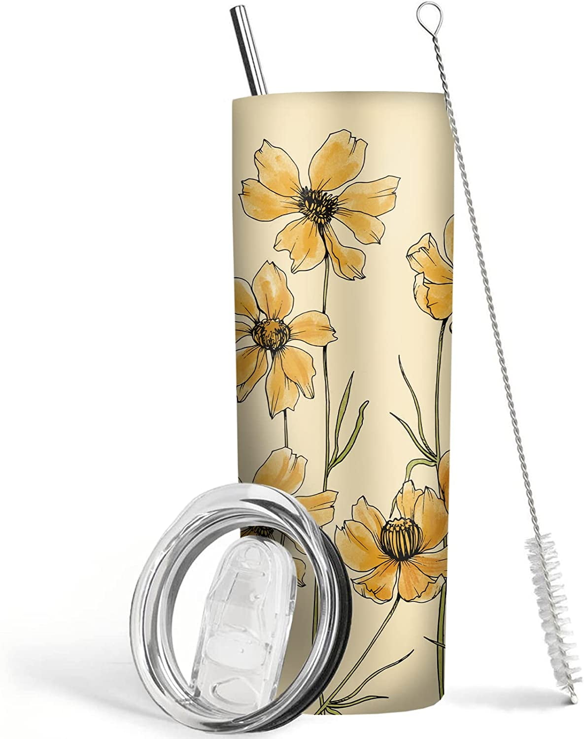 16 oz Glass Tumbler, metal straw in flowers, daisy, wildflower print
