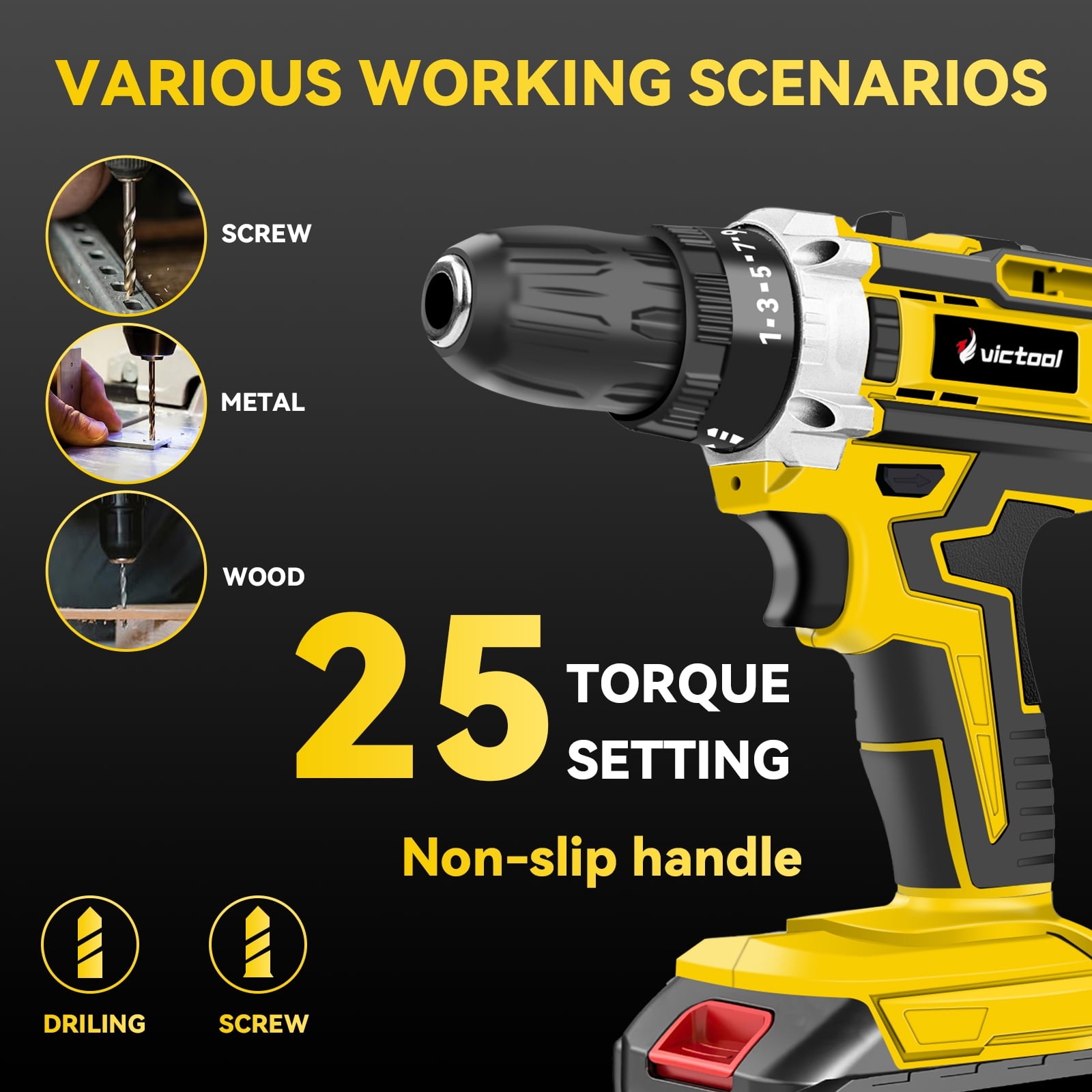 Victool 21V Cordless Electric Drill Portable Impact Drill Combo Set Household Auto Repair Hand Tool Kit