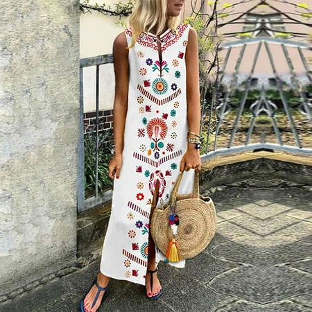 Cotton Fully Lined Sundress - Fashion Womens Sleeveless Boho Floral Casual Cotton Linen Kaftan Long Maxi Dress Beach Sundress