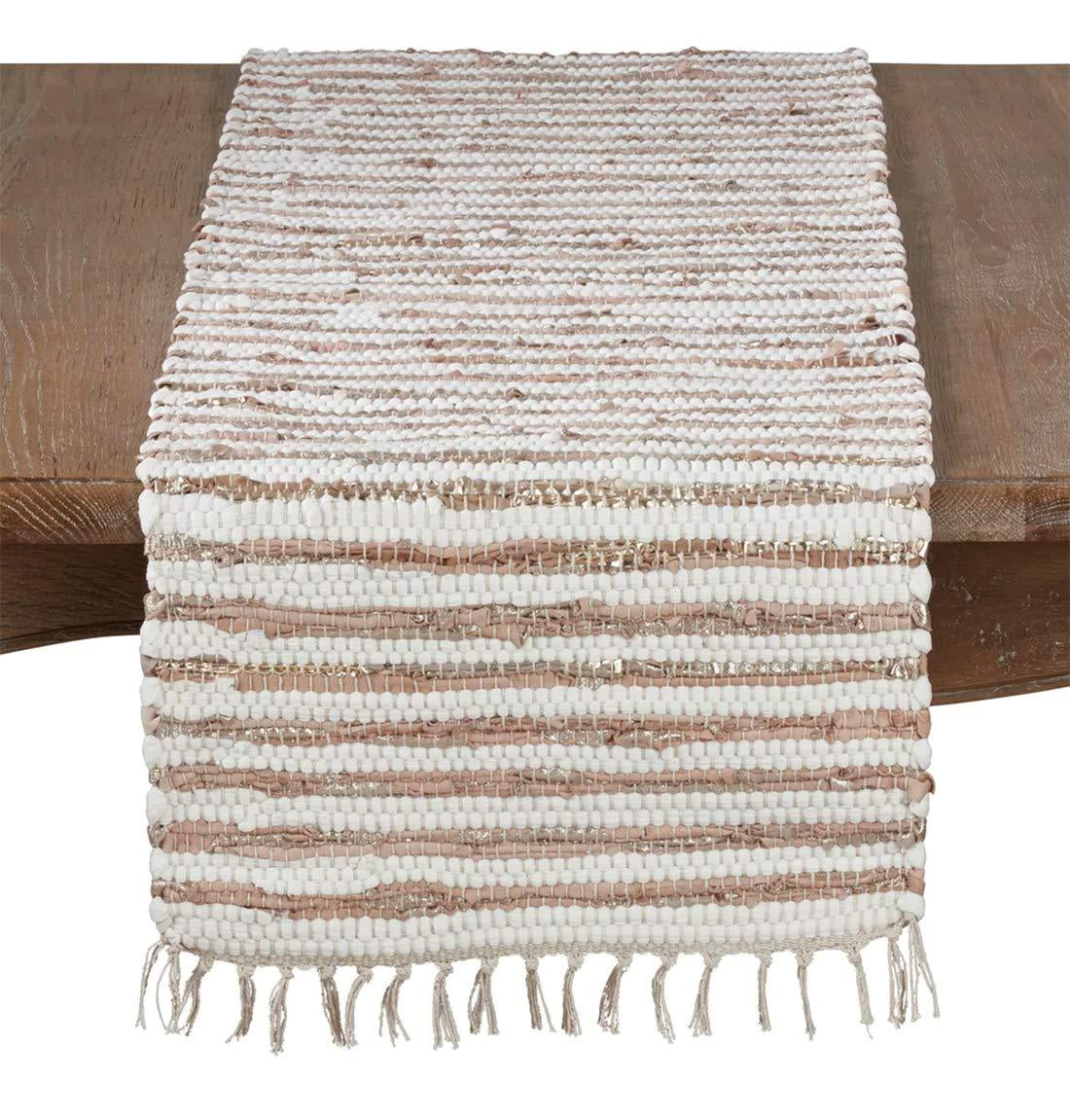 Foil Striped Cotton Leather Woven Chindi Tassel Table Runner 16 x 72
