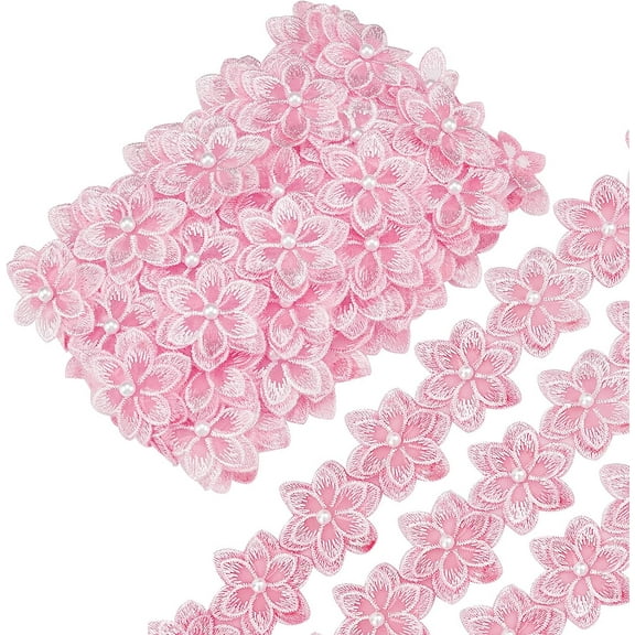 1bag 5 Yard 3D Organza Flower Lace Edge Trim Ribbon Pearl Beads Edging Trimmings Embroidered Applique Fabric Vintage Sewing Craft for Wedding Dress Embellishment DIY Dress Decor(Pink)