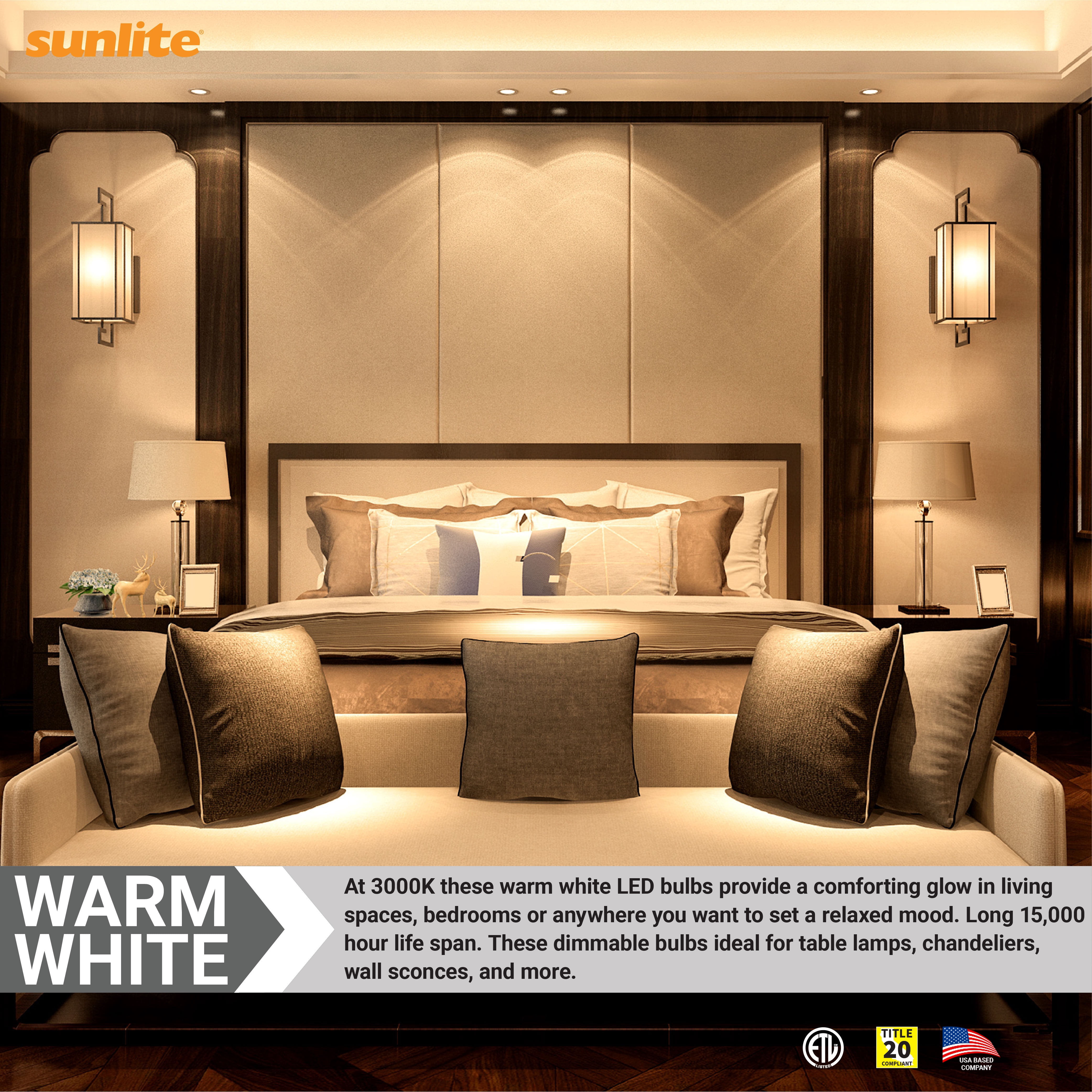 Sunlite LED B13 Decorative Chandelier Light Bulb, 7 Watts (60W=), 500 Lumens, 120 Volts, Dimmable, E26 Base, 90 CRI, ETL Listed, Torpedo Clear, Title-20, 3000K Warm White, 6 Pack