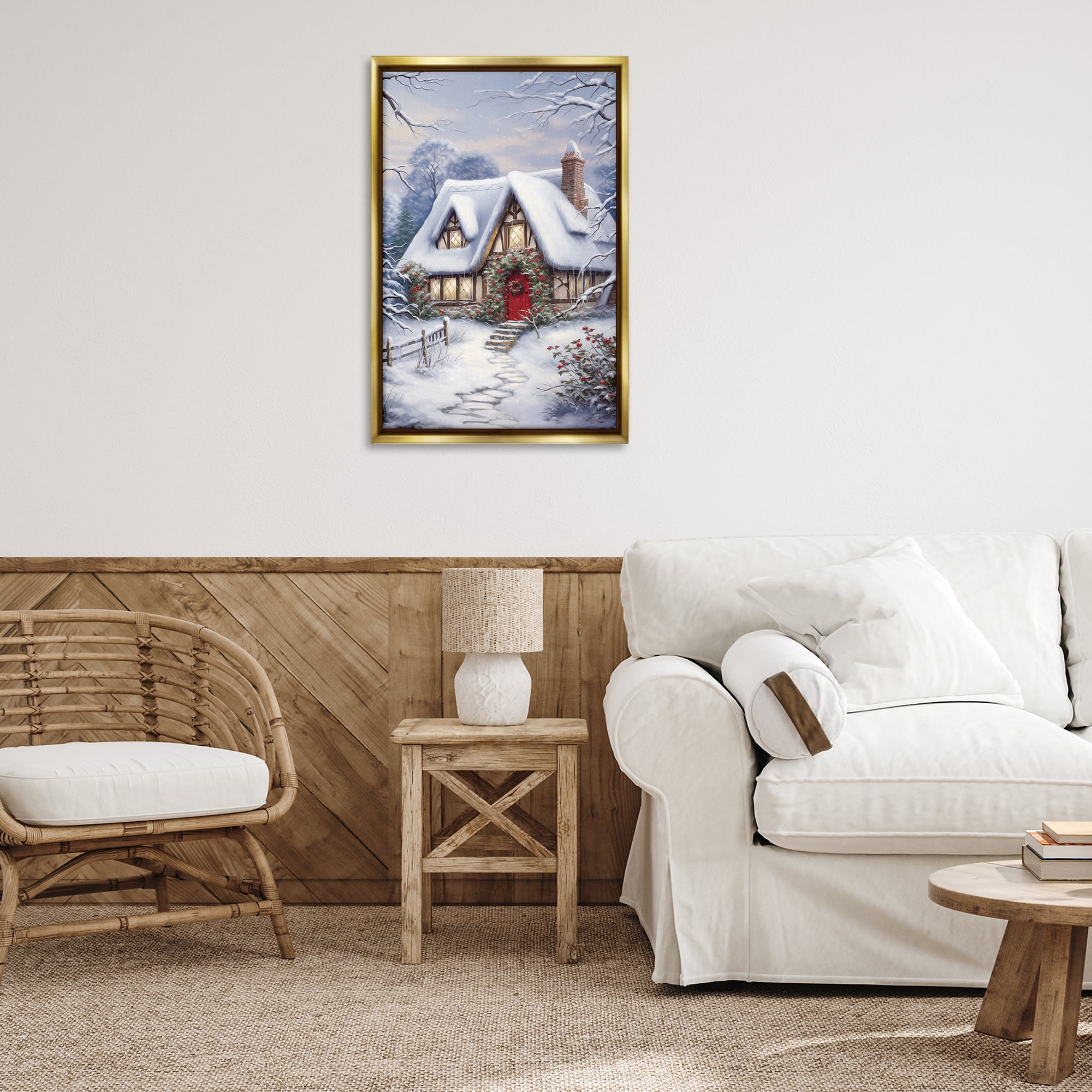 Stupell Industries Niveous Winter Cottage Holiday Painting Gold Floater Framed Canvas Art Print Wall Art, 21 x 31