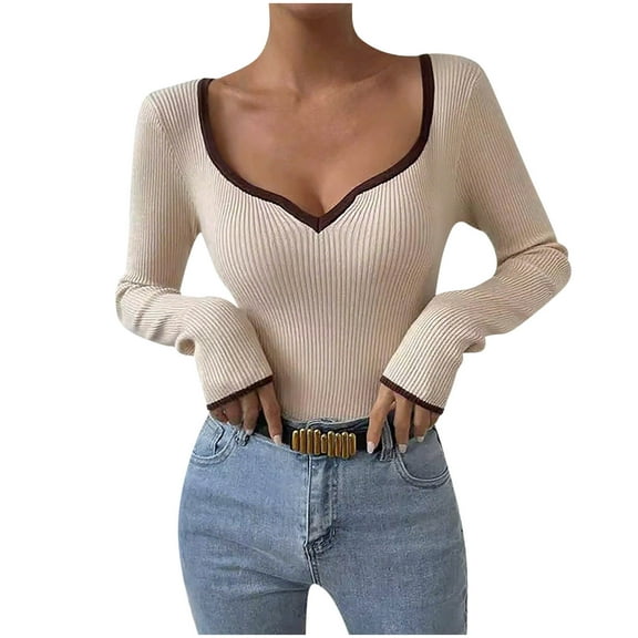 Women's Long Sleeve Tops Scoop Neck Ribbed Knit Slim Fitted Basic Tee Shirts Casual Lightweight Sweaters Tunic Tops (S, Beige)