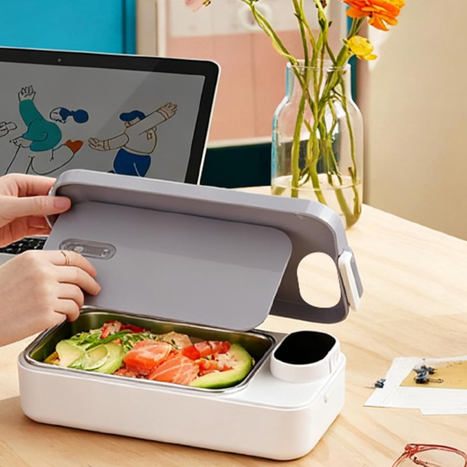 Rechargeable Self-Heating Lunch Box, 900ml/30oz Bento Box, 4 Temperature Control, 7200mAh Portable Food Warmer, Stainless Steel Inner Container, Heated Lunch Container for Office, Travel, Car