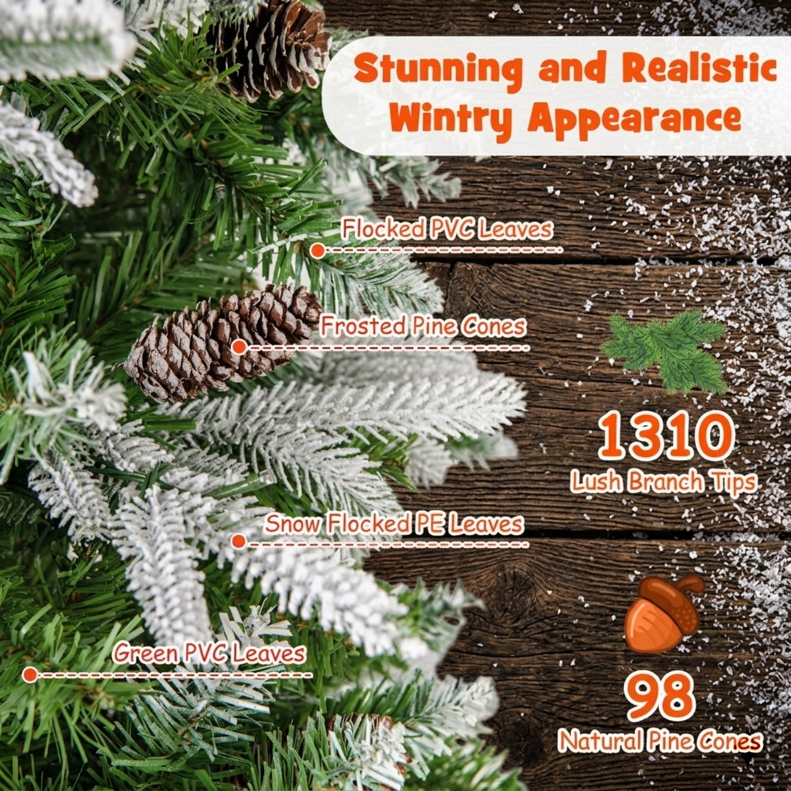 RUIE 9 ft Snow Flocked Christmas Tree, Tall Pre-Lit Green White Xmas Tree with 470 LED Lights, 1310 Branch Tips and 98 Pine Cones