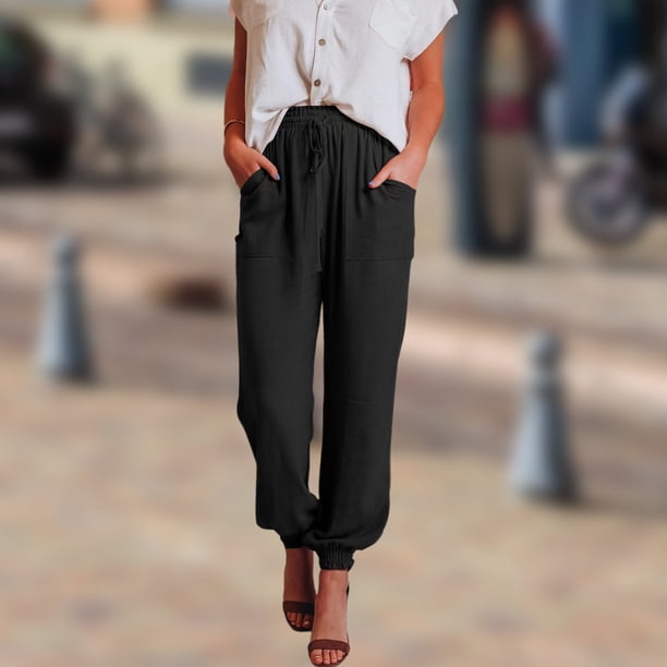 Pantalones Anchos Pantalones holgados para mujer Pantalones básicos con cordón Cintura elástica Color sólido Traje diario Cgtredaw Negro M para Mujer